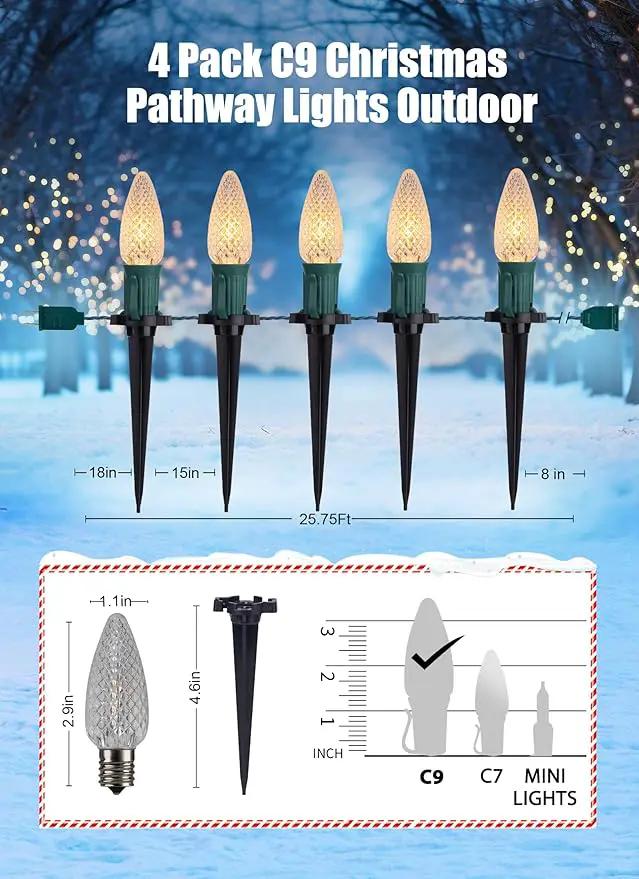 C9 Christmas Pathway Lights Outdoor, 25.7 Feet 20 LED C9 Strawberry Walkway Lights with Marker Stakes, Connectable Shatterproof C9 String Lights for Lane Outside Yard Decorations, Warm White, 4 Pack by GreenHaven Gardens