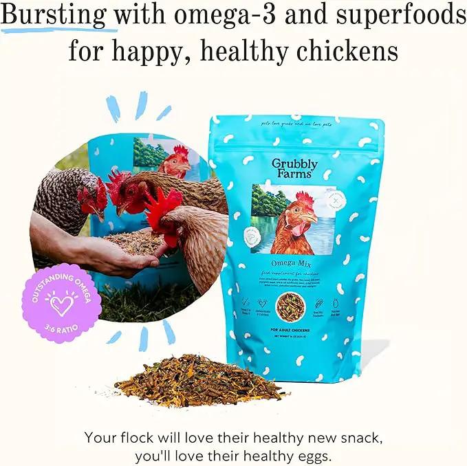 Grubbly Farms Omega Mix Chicken Treats for Laying Hens - Superfood and Omega-Rich Chicken Feed Supplement to Support Egg Production, Strong Eggshells and Nutritious Yolks - 1LB by GreenHaven Gardens
