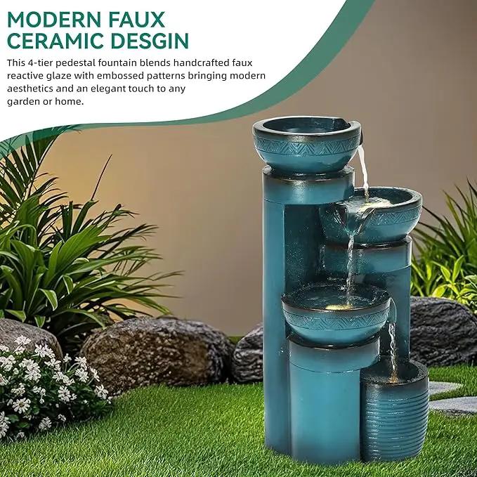 Autodaya 19.3" H Pedestal Outdoor Water Fountain with LED Lights and Pump, 4-Tier Cascading Water Feature, Tranuil Waterfall for Relaxing Garden, Patio, Yard, or Porch, Turquoise, Faux Ceramic Finish by GreenHaven Gardens