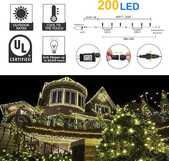 weillsnow 66 FT 200 LED Warm White Christmas Lights,Plug in Waterproof String Lights,8 Lighting Modes with Memory for Outdoor Indoor Garden Tree Christmas Party Decorations(Warm White) by GreenHaven Gardens