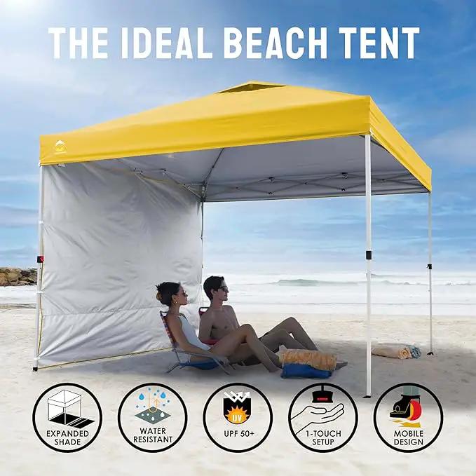 CROWN SHADES 10x10 Pop Up Canopy with 1 Side Wall - Beach Tent with One Push Setup - Outdoor Sun Shade for Events, Parties, Camping - Gazebo with STO-N-Go Cover Bag (Yellow) by GreenHaven Gardens