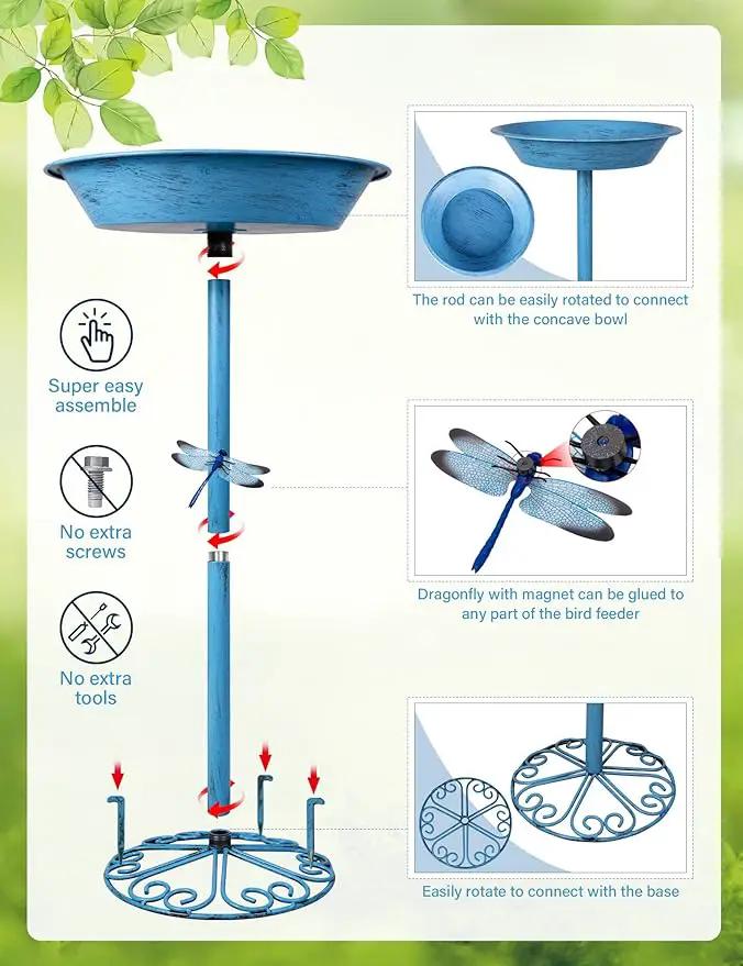 Bird Baths for Outdoors 25.5 Inch Height Outdoor Garden Bird Feeder Metal Birdbath with Dragonfly for Garden Yard and Lawn Decoration,Blue by GreenHaven Gardens