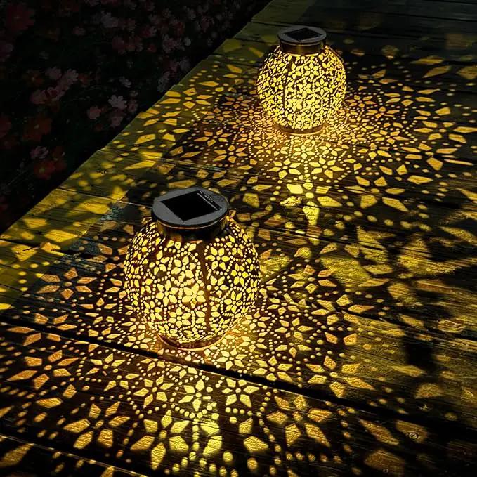 2 Pack Outdoor Solar Lantern Lights, Waterproof Tabletop LED Moroccan Lanterns, Hanging Metal Decorative Garden Lights for Patio, Lawn, Porch, Backyard by GreenHaven Gardens