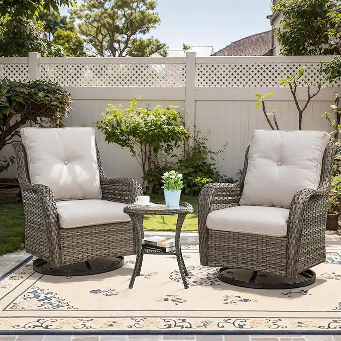3 PCS Patio Furniture Set - Mixed Grey Wicker Swivel Rocking Chairs with Side Table, Furniture Set for Outdoor by GreenHaven Gardens