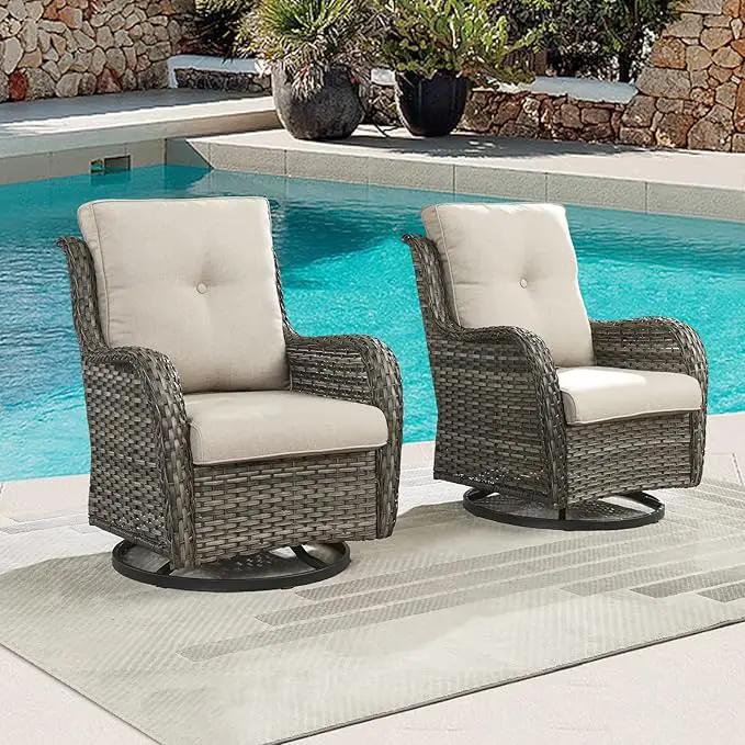 Outdoor Patio Swivel Rocker Chairs - Single Wicker Rattan Patio Swivel Rocking Chair with High Back,Deep Seating and Comfort Cushions for Deck Porch Garden,Mixed Grey/Beige by GreenHaven Gardens