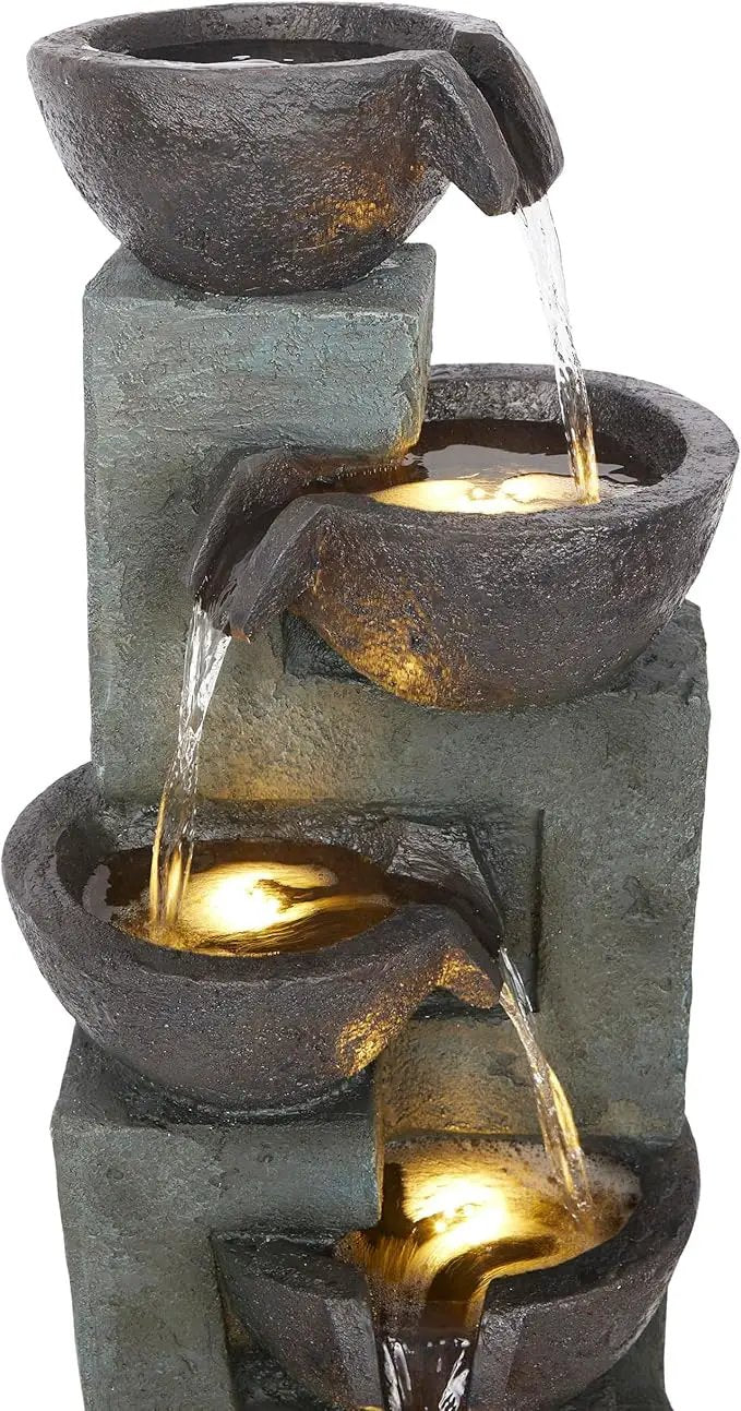 Alpine Corporation TZL390 Elegant Outdoor 5 Tier Bowls Waterfall Fountain with LED Lights for Garden, Patio, Yard, and Outdoor Spaces, Relaxing Cascading Fountain, 39" H, Gray by GreenHaven Gardens