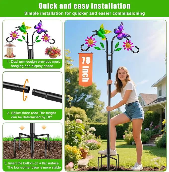 Double Shepherds Hooks for Outdoor, 78 Inch Artistic Hummingbird & Flower Design, 5 - Prong Base, Ideal for Bird Feeders, Baskets & Lanterns (2 Pack) by GreenHaven Gardens