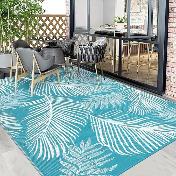 Pauwer Waterproof Outdoor Rug 9x12, Reversible Plastic Straw Patio Camping Rug, Indoor Outdoor RV Mat Carpet for Deck, Camper, Porch, Balcony, Backyard, Picnic, Leaf Teal by GreenHaven Gardens