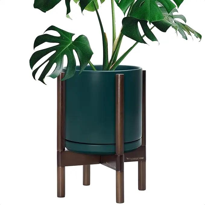 D'vine Dev Ceramic Planter with Walnut Color Stand - 10 Inch Modern Round Flower Pot with Wood Planter Holder, Teal, 55-B-X-4 by GreenHaven Gardens
