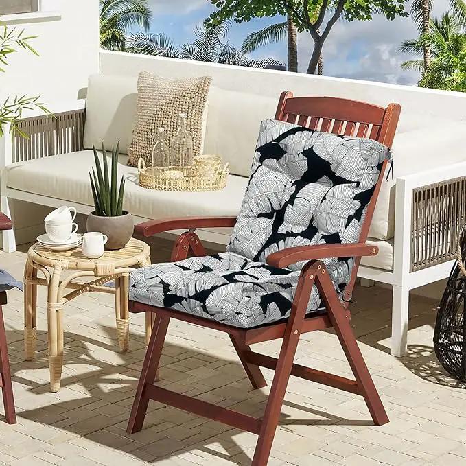 LVTXIII Outdoor Tufted Seat Cushions, Solid Seat and Back Chair Cushion with Ties, Patio Replacement Rocking Chair Cushion for Outdoor Furniture Use, 21 W x 21D, 2 Pack, Black Lush Leaf Jungle by GreenHaven Gardens