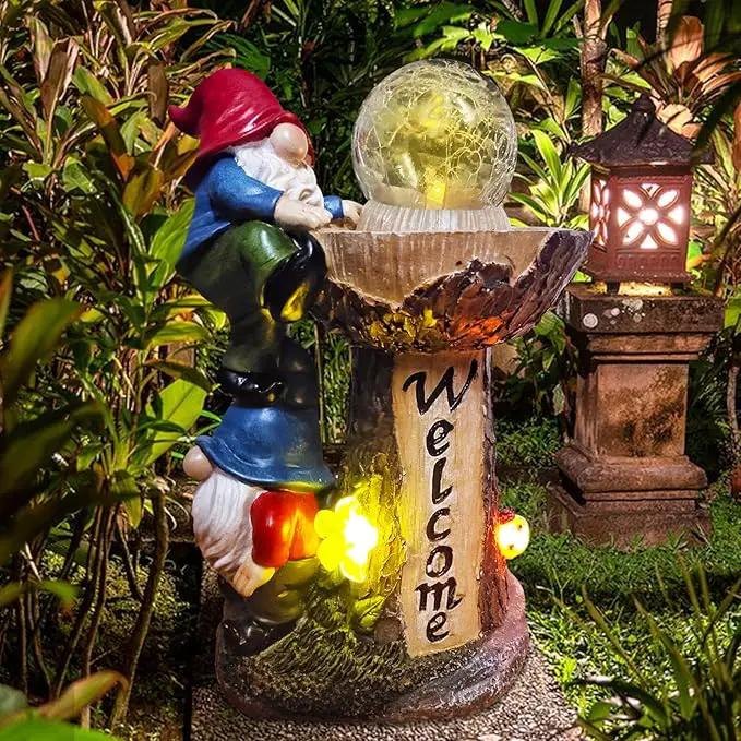 Garden Gnome Statues, Garden Statues for Outside with Solar LED Lights, 10.4 in Funny Double Gnomes Sculptures Outdoor Decorations for Yard, Ideal Gnomes Gifts for Women/Mom/Grandm by GreenHaven Gardens