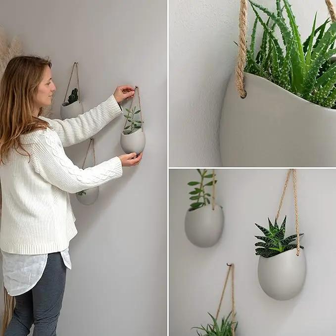 Wall Planters -Ellie- | Hanging Ceramic Plant Pots 3 Pieces | Wall Decoration for Indoors, Balcony and Garden | Light Grey (Matte) by GreenHaven Gardens