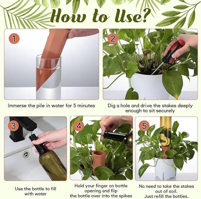6 Sets Plant Watering Devices Include Terracotta Self Watering Spikes and 26 oz Plastic Bottles, Slow Release Vacation Insert Automatic Plant Waterer Device (Green and Terracotta) by GreenHaven Gardens