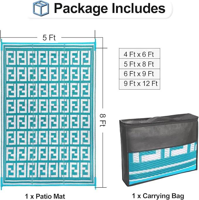 OutdoorLines Outdoor Plastic Area Rugs for Patio 5x8 ft - Reversible Outside Carpet, Stain & UV Resistant RV Mats, Straw Rug for Camping, Deck Garden, Porch and Balcony, Geometry Teal & Light Grey by GreenHaven Gardens