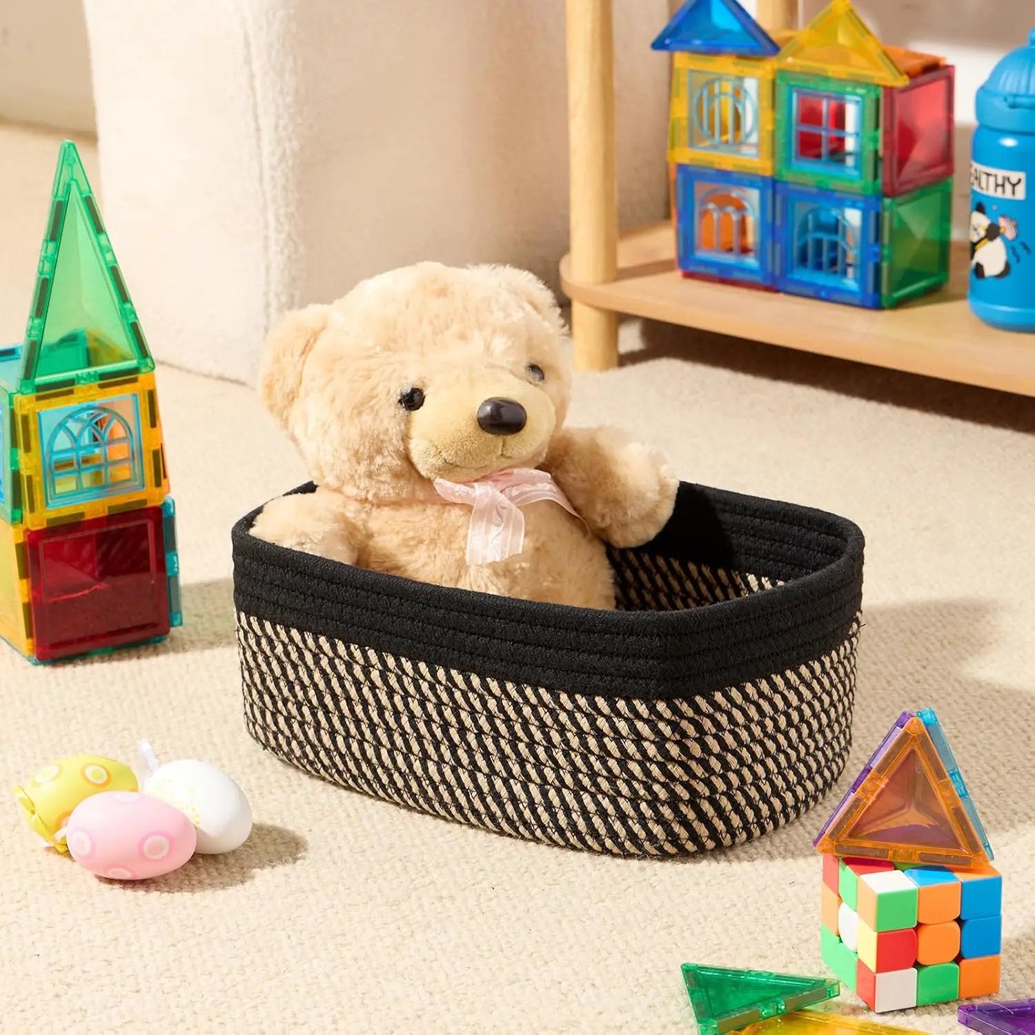 Small Storage Baskets for Organizing | Closet Organizer Bins | Shelf Toy Basket | Woven Rope Baskets | Cube Decorative Box | Shallow Basket | 11.5x7.5x4.7” | 4 Packs Black Brown by GreenHaven Gardens
