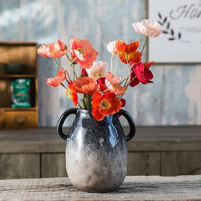 Blue Gradient Ceramic Vase with 2 Handles, Modern Farmhouse Decor, Rustic Terracotta Pottery, Decorative Clay Flower Vase, Centerpiece for Dining Table - 7 Inch by GreenHaven Gardens