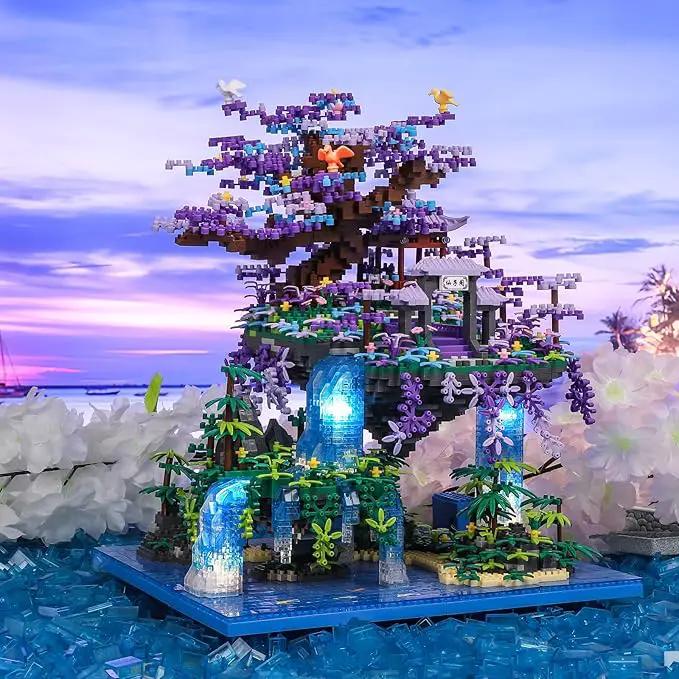 Chinese Moon Palace Pavilion Building Blocks Set - Micro Miniature Bonsai Tree House with String Lights and Flowers for Adults and Kids (4574 Pieces) by GreenHaven Gardens