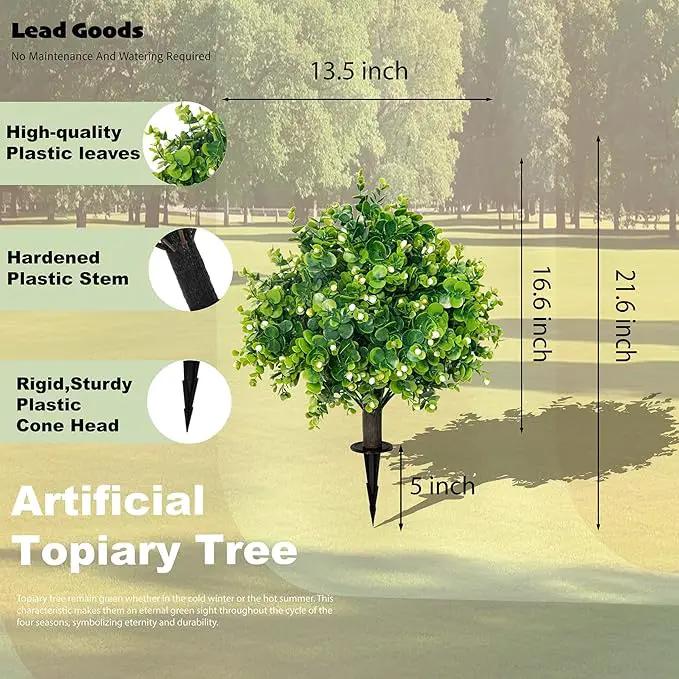 Artificial Boxwood Topiary Ball Trees 21.6" Tall UV Resistant Artificial Bushes, Set of 2 Faux Plants with Spike Easy to Push in The Ground for Indoor Outdoor Garden by GreenHaven Gardens