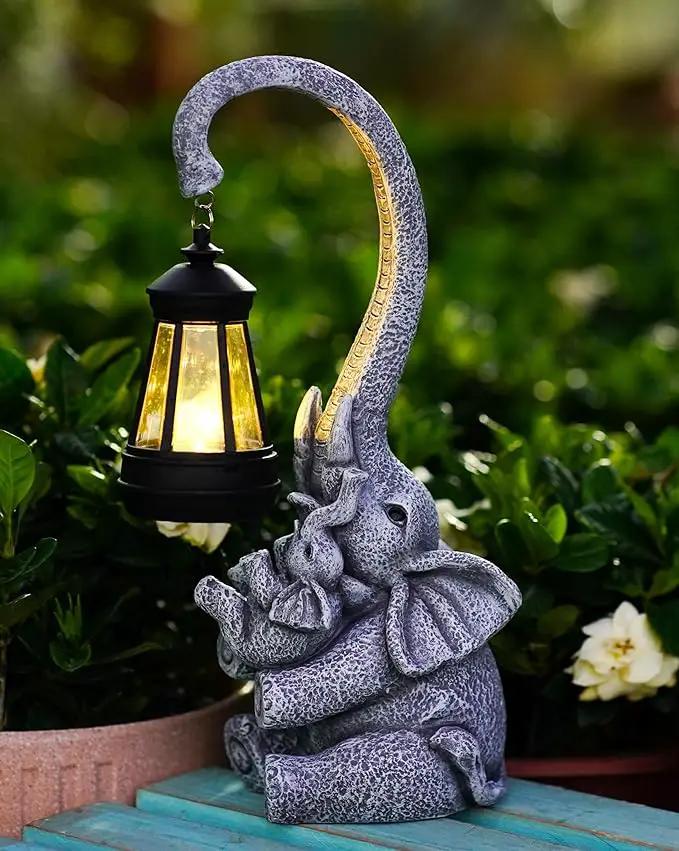 Elephant Outdoor Statues with Cute Baby Garden Decor, Resin Elephant Figurines with Solar Lantern Outdoor Decoration Gifts for Mothers Day, Birthday Day by GreenHaven Gardens