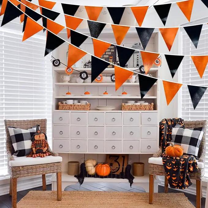 Black Orange Party Decoration Metallic Fabric Triangle Pennant Banner Flag Bunting Garland for Graduation Halloween Fall Autumn Thanksgiving Birthday Wedding Baby Shower Bridal Shower Party Supplies by GreenHaven Gardens