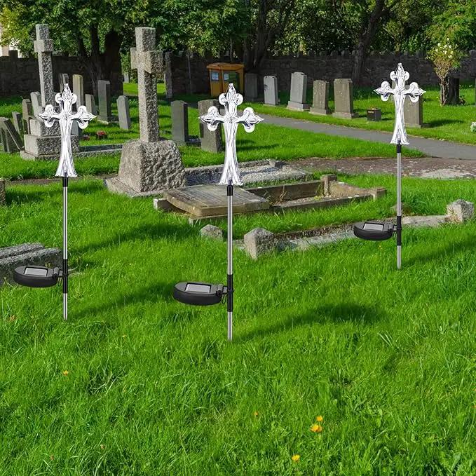 Riakrum 4 Piece Solar Cross for Cemetery Grave Grave Crosses for Cemetery Memorial Stake Solar Lights Waterproof Outdoor Garden Stake Cemetery Cross for Grave Yard Decorations, 16 Inches Long by GreenHaven Gardens