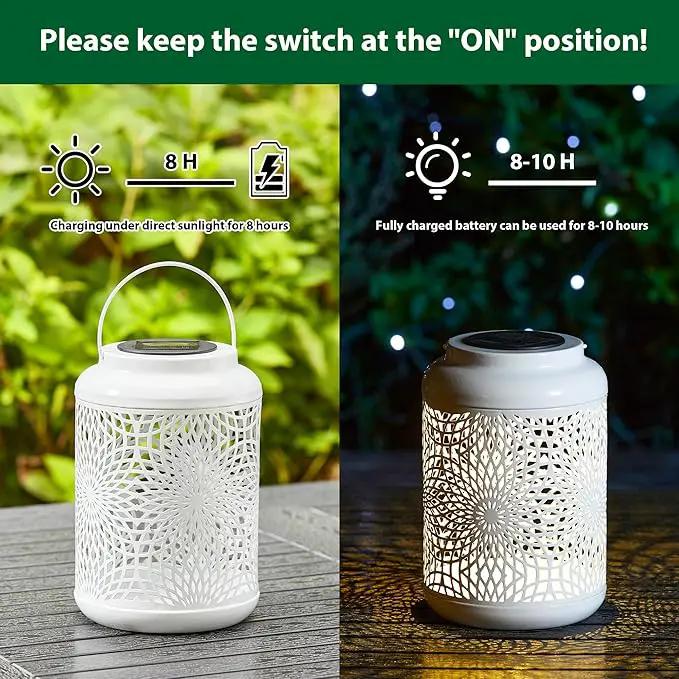 Glitzhome Solar Lantern White Metal Cutout Scrollwork Outdoor Hanging Solar Light with Handle for Garden Patio Yard Outdoor Decor by GreenHaven Gardens