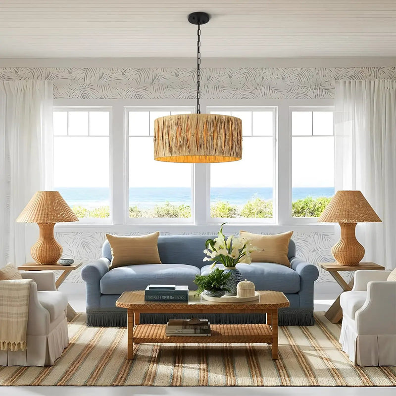 5-Light Boho Chandelier Light Fixture, 18.5" Large Raffia Drum Chandelier Hand Woven Coastal Pendant Light for Dining Room Kitchen Entryway Foyer Bedroom by GreenHaven Gardens