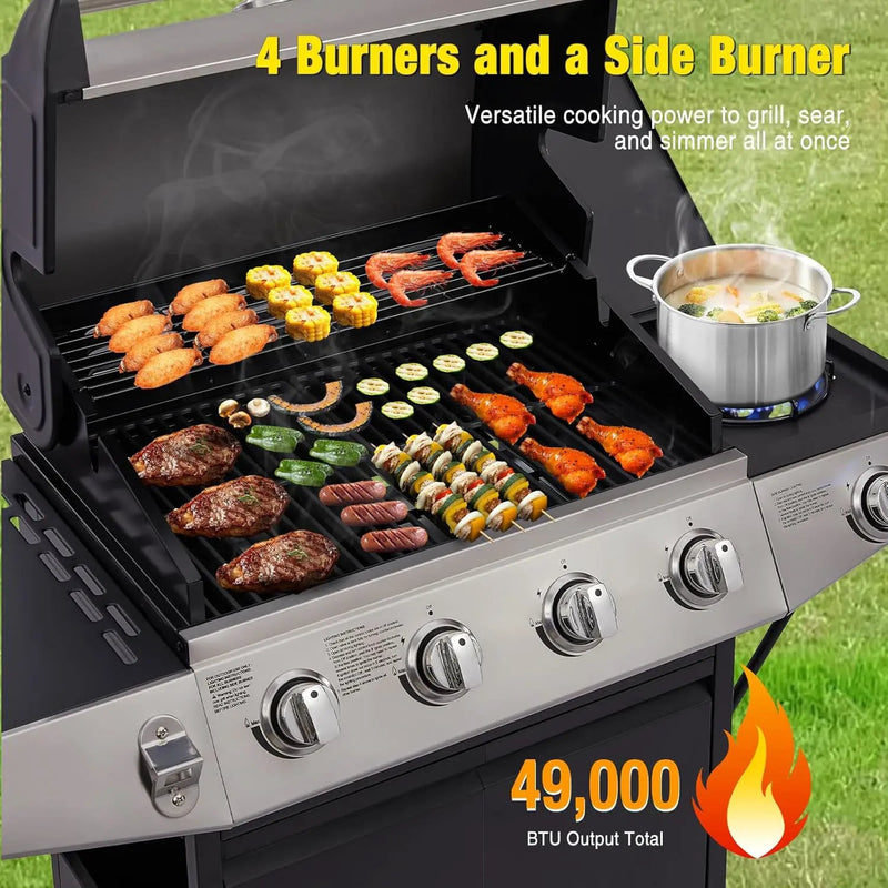 Unovivy 4-Burner Propane Gas Grill with Side Burner, Portable BBQ Grills with Oil Tray and Built-in Thermometer for Outdoor Barbecue, Camping, Patio, Backyard, 49,000 BTU by GreenHaven Gardens
