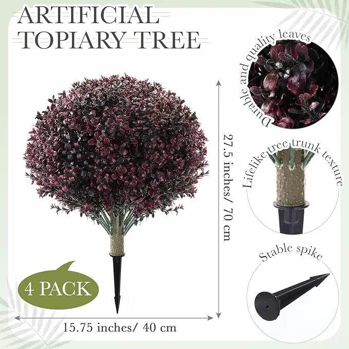 Yunlly 4 Pack 18" Artificial Boxwood Ball Bush Topiary Trees Fake Outdoor Plants, Realistic UV Resistance Faux Shrubs with Spike Greenery Topiary for Front Porch Garden Yard Patio Indoor (Dark Purple) by GreenHaven Gardens