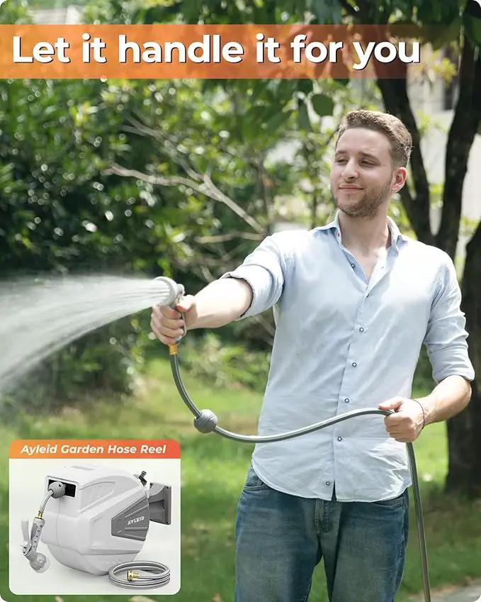 Ayleid Retractable Garden Hose Reel,1/2 in x 65 ft Wall Mounted Hose Reel, with 9- Function Sprayer Nozzle, Any Length Lock/Slow Return System/Wall Mounted/180°Swivel Bracket (Grey) by GreenHaven Gardens