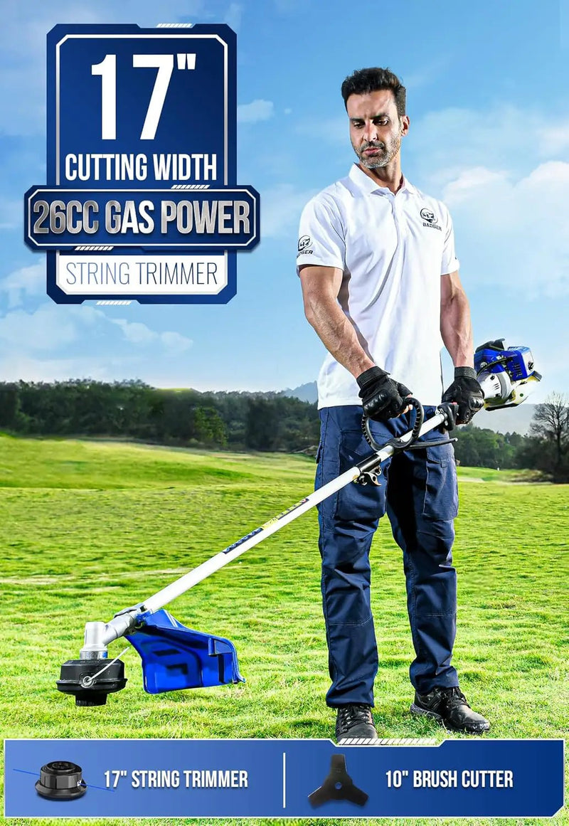 WILD BADGER POWER 26cc Weed Wacker Gas Powered, 3 in 1 String Trimmer/Edger 17'' with 10'' Brush Cutter,Rubber Handle & Shoulder Strap Included by GreenHaven Gardens