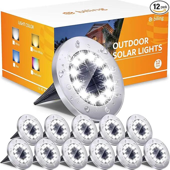 Biling Outdoor Lights 12 Packs, Bright 12 LEDs Waterproof, Ground Flat Pathway Lights Solar Powered for Yard Walkway Garden Driveway (White) by GreenHaven Gardens