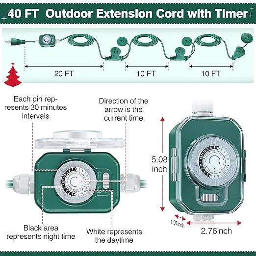 Feekoon 40 FT Extension Cord Splitter with Timer and 3 Outlet Plug, 16awg SJTW Outdoor Extension Cord with Multi Outlet Safety Cover for Holiday Lights Garden Patio Christmas Outdoor Decorations by GreenHaven Gardens