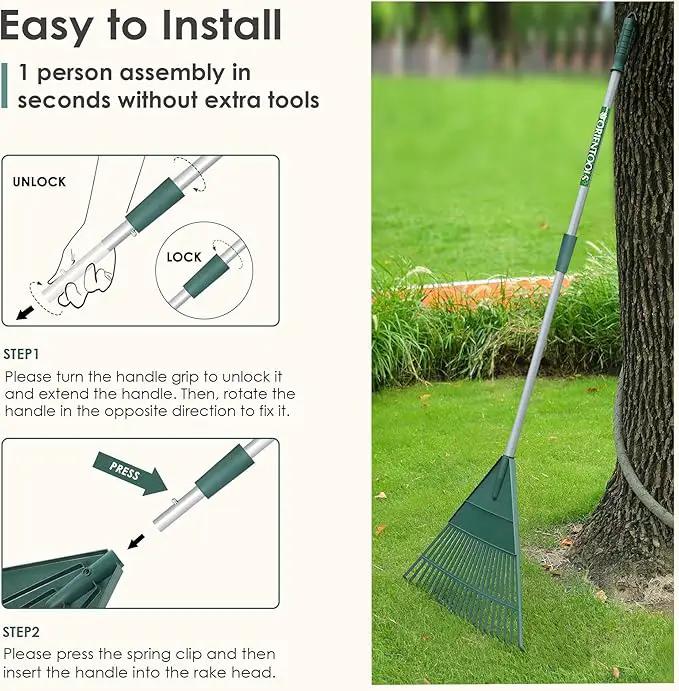 ORIENTOOLS Rake for Leaves,Adjustable Garden Leaf Rake ,Lightweight Steel Poly Yard Rake，22 Tines, 42 to 60 Inches (Silver Handle) by GreenHaven Gardens