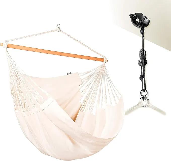 LA SIESTA® - XL King Habana Cotton Hammock Chair & CasaMount - Hanging Chair w/Suspension Kit for Walls Ceilings & Square Beams - Indoor Outdoor Swing Hanging Chair Bedroom Patio Balcony - Latte by GreenHaven Gardens