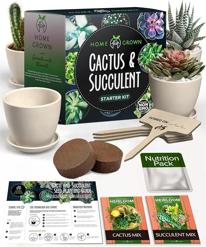 HOME GROWN Succulent & Cactus Seed Kit for Planting – [Enthusiasts Favorites] Premium Cactus & Succulent Starter Kit: 4 Planters, Drip Trays, Markers, Seeds Mix, Soil - DIY Gift Kits by GreenHaven Gardens