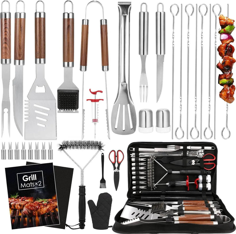 Yoehka BBQ Grilling Accessories Set, 34Pcs Heavy Duty Grill Tools for Outdoor Camping, Grilling Gifts for Men Dad, Stainless Steel Barbecue Utensils Kit with Mats and Glove in Carrying Bag, Brown by GreenHaven Gardens