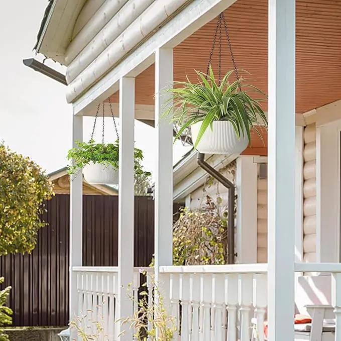 T4U 10 Inch Hanging Planters for Indoor Outdoor Plants, 2 Pack White Self Watering Hanging Plant Pot, Hanging Pots Set with Drainage Hole & Plug & Chain with 3 Hooks for Garden Home Decor by GreenHaven Gardens