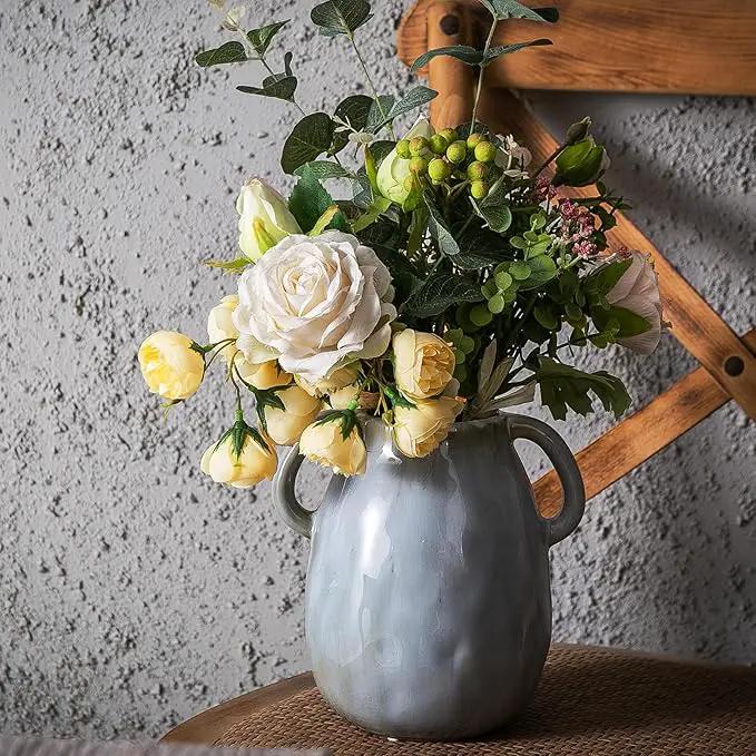 Kimdio Ceramic Vase with 2 Handles, Modern Farmhouse Grey Vase for Home Decor, Rustic Pottery Vase, Boho Decorative Terracotta for Flowers, Clay Pampas Grass Vases for Living Room Dining Table Shelves by GreenHaven Gardens