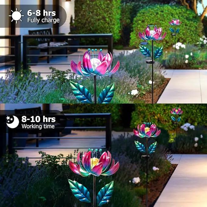 Solar Purple Metal Flower Wind Spinners, Colorful Spinning Windmill Lotus Yard Art Lights Wind Pinwheels with LED Crystal Ball Decorative Stake Lighting Flower Sculpture by GreenHaven Gardens