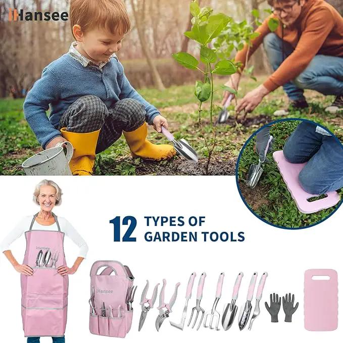 Pink Garden Tool Sets 12 Pieces, iHansee Aluminum Gardening Hand Tools with Non-Slip Handle, Kneeling Pad, Apron, Gloves and Organizer Bag, Landscaping Tools - Gift for Women & Garden Enthusiasts by GreenHaven Gardens