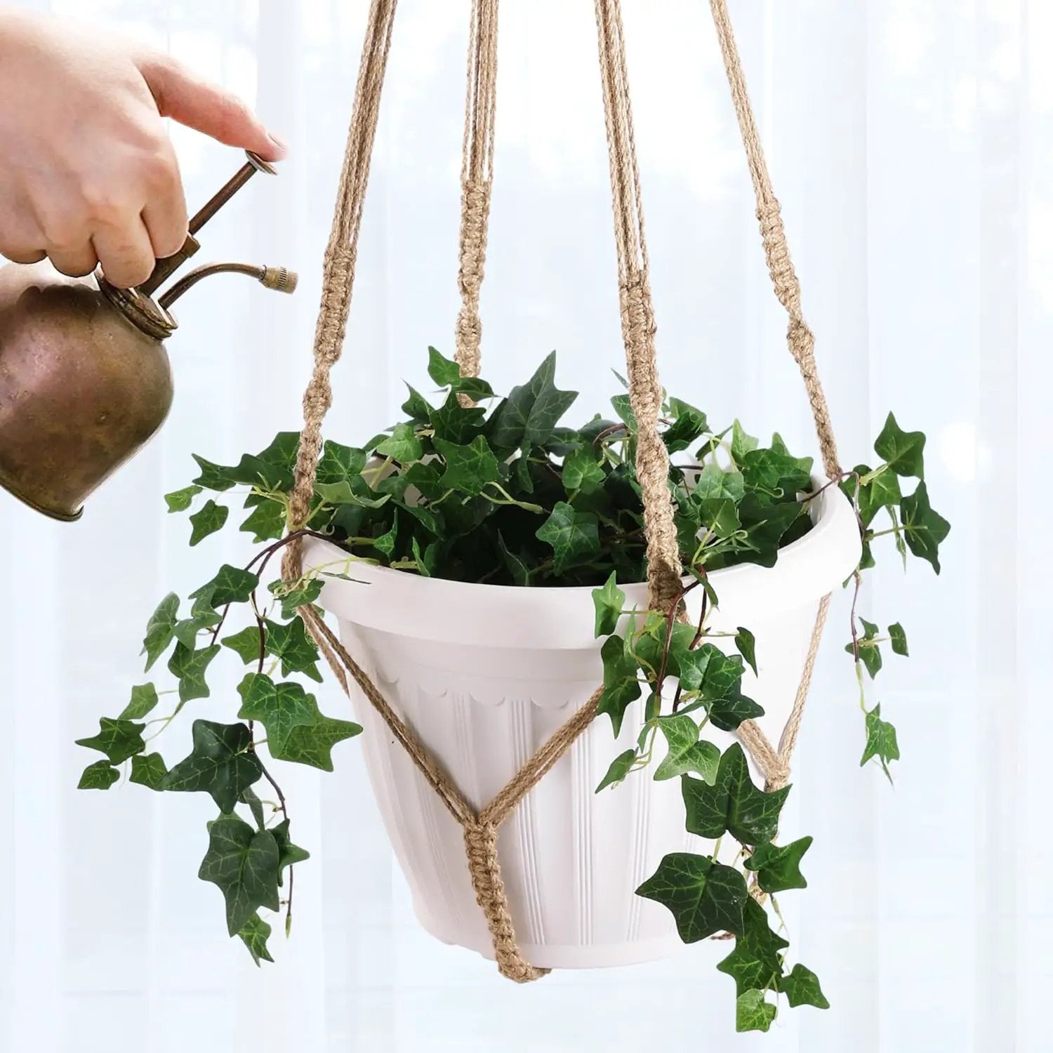 2 Pack Giant XXL 55 Inches Macrame Planter Hanger Large for 15 inch Pot + Swag Hook | Extra Large Hanging Planter for Indoor Plants | No Pot/Plant Included (XXL Jute) by GreenHaven Gardens