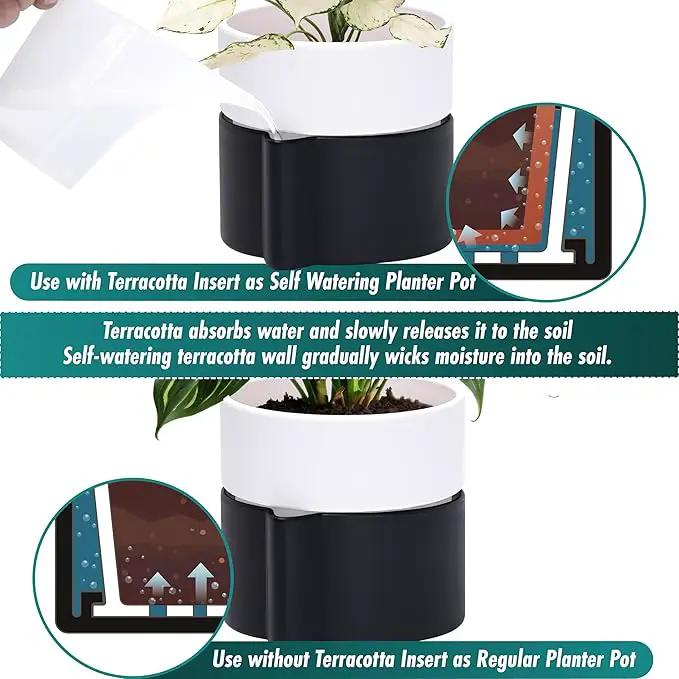 Phoenix Vine 6.5 Inch Self-Watering Planter Pot with Terracotta Insert, Deep Water Reservoir, and Ceramic-Alike BPA-Free Plastic Pot for Plant, Modern Planter for Houseplants, Black/White, 53-C-S-7 by GreenHaven Gardens
