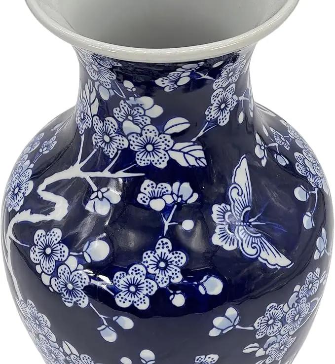 Galt International Dark Blue Floral Chinoiserie Ceramic Vase 14"- Hand Painted Antique Style Porcelain Butterfly & Flower Bottle Fishtail Porcelain Chinese Vase for Home Decor Centerpiece by GreenHaven Gardens