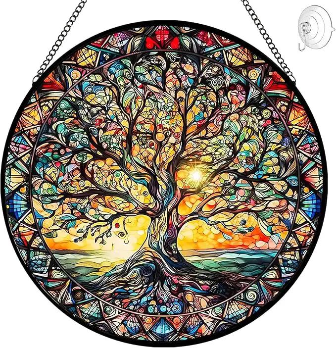 Tree of Life Suncatcher Stained Glass Window Hanging - 8″ Handmade Sun Catchers Indoor Window Valentines Day Decorations with Hooks and Chain - Wall Art Home Decor Panel Gifts for Women Men Mom Dad by GreenHaven Gardens