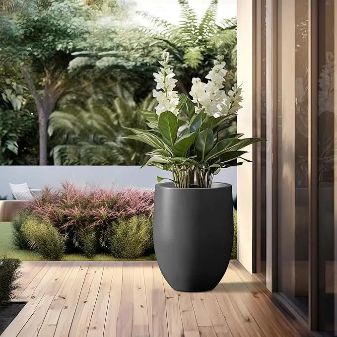 Kante 21.7" H Natural Concrete Tall Planter, Large Outdoor Indoor Decorative Pot with Drainage Hole and Rubber Plug, Modern Round Taper Style for Home and Patio Burnished Black by GreenHaven Gardens
