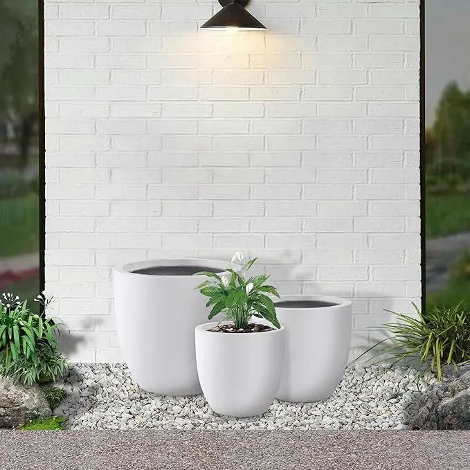 Kante 18",14",10" Dia Concrete Round Planters (Set of 3), Outdoor Indoor Large Planter Pots with Drainage Hole for Home Patio Garden, Pure White by GreenHaven Gardens