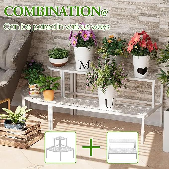 aboxoo 2 Tier Plant Stand Flower Pot Rack for Patio,Heavy Duty Metal Stair-Step Style Corner Shelf Planters, Quarter Round Display Holder for Indoor Outdoor Use(White, Semicircle) by GreenHaven Gardens