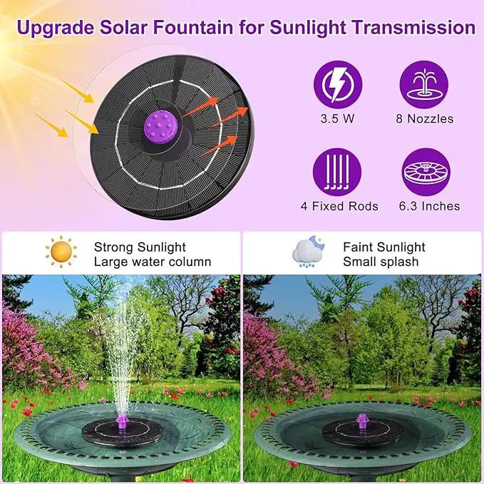 3.5W Solar Bird Bath Fountain Pump, Solar Powered Water Pump, Outdoor Water Fountain Pump with 8-in-1 Nozzles, 4 Fixed Pipes for Hummingbirds, Garden, Pool, Pond by GreenHaven Gardens
