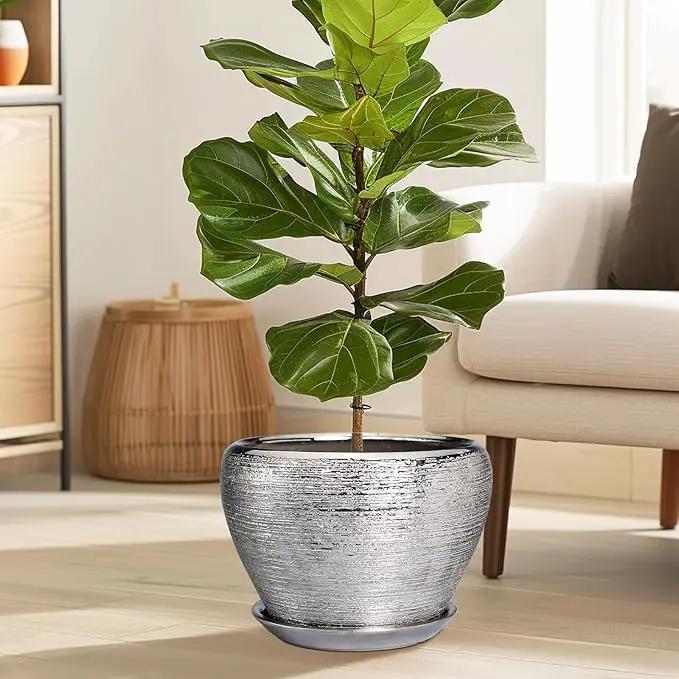 Flower Pot for Indoor Plants - Ceramic Planter 10 Inch Plant Pot with Drainage Hole and Saucer Large Decorative Planter Outdoor Mid-Century Planter for House Silver by GreenHaven Gardens